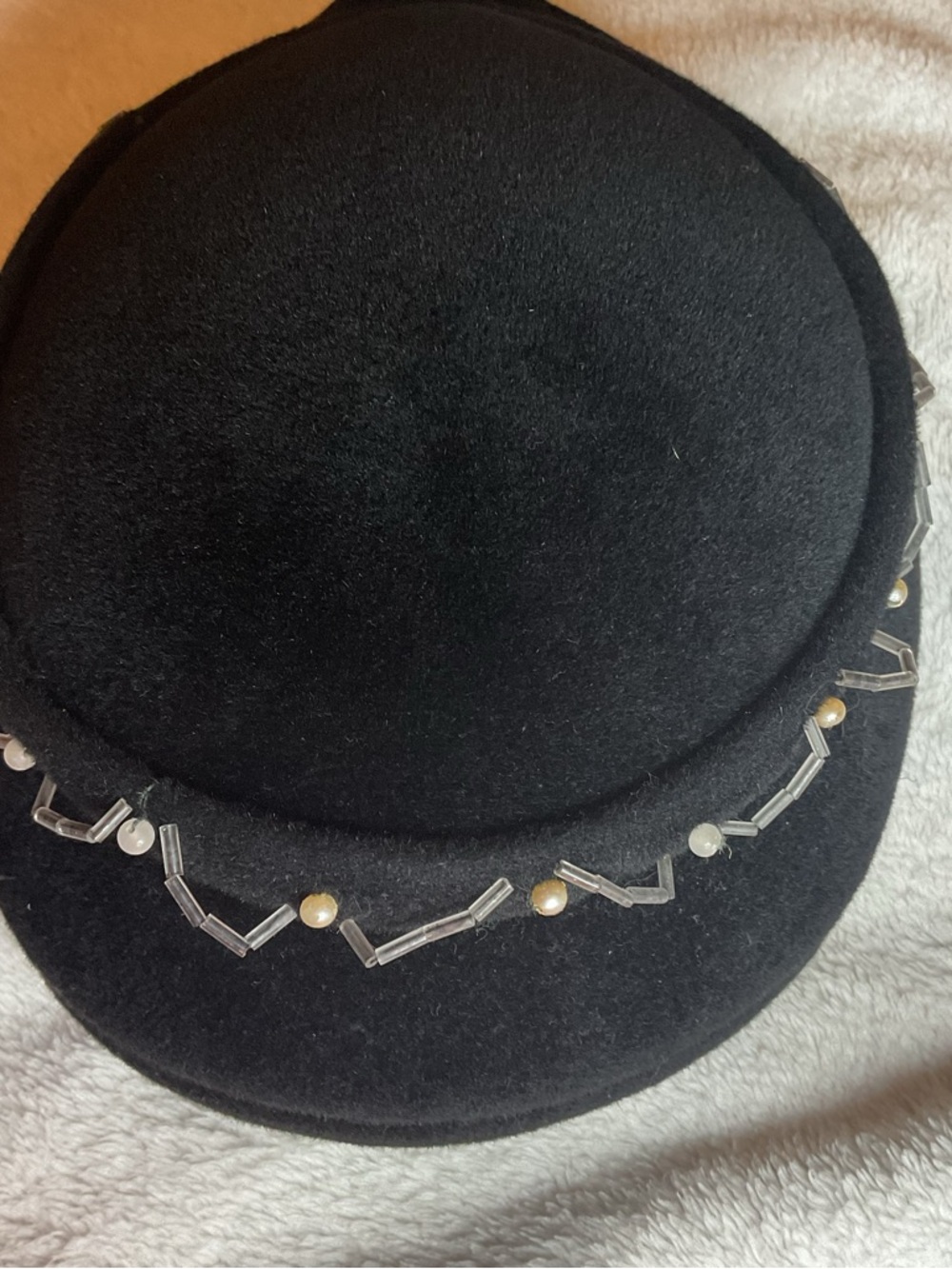 Vintage 50s 60s Genuine Velour Fur Felt Pillbox Hat Beaded Glass Pearl Brown - Picture 2 of 7